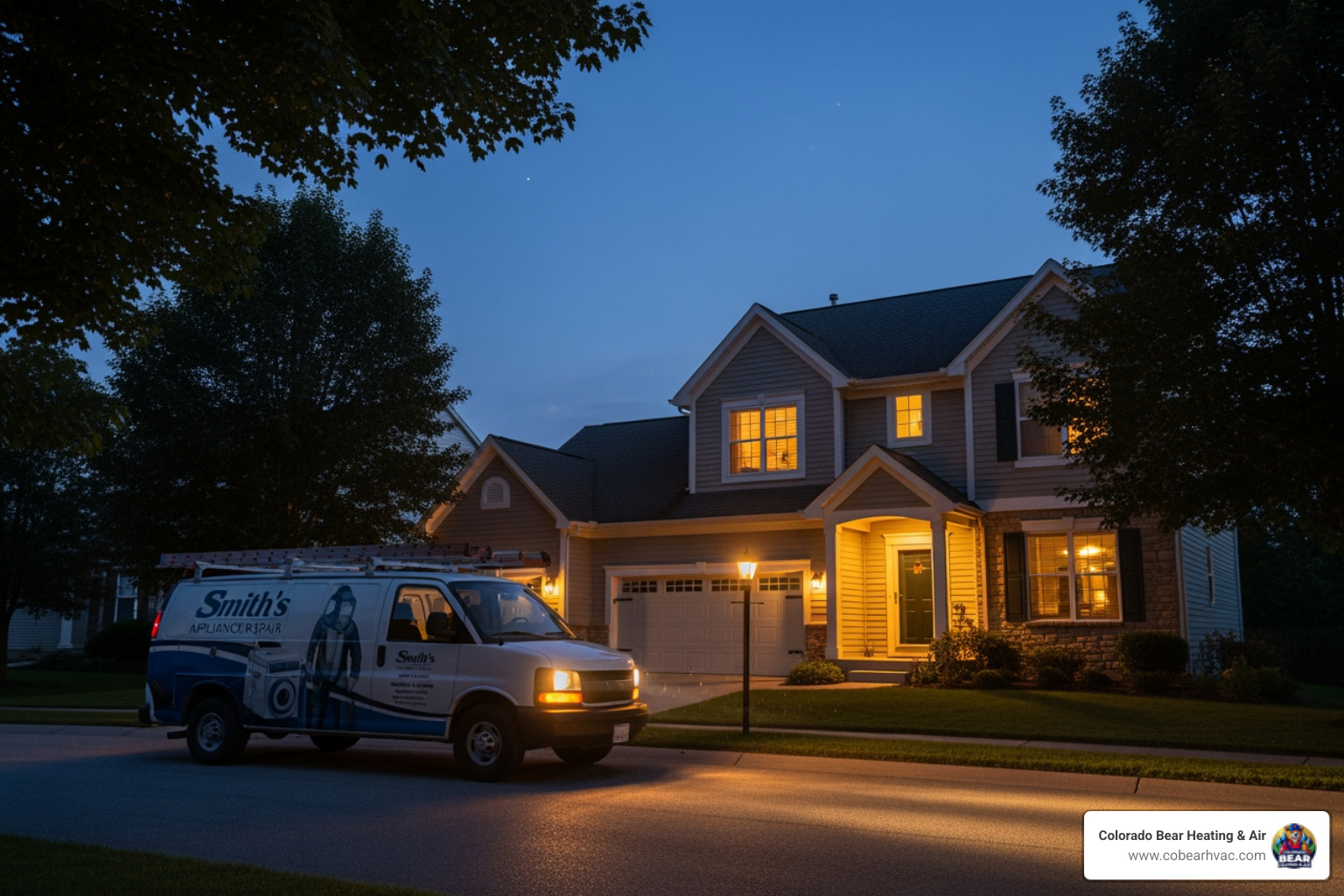 a service van arriving at a home at night - emergency heating repair in ken caryl, co