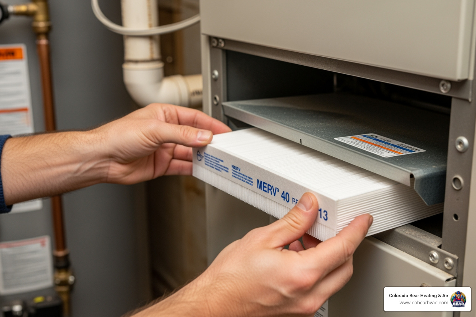 a homeowner changing an air filter in a furnace - emergency heating repair in ken caryl, co