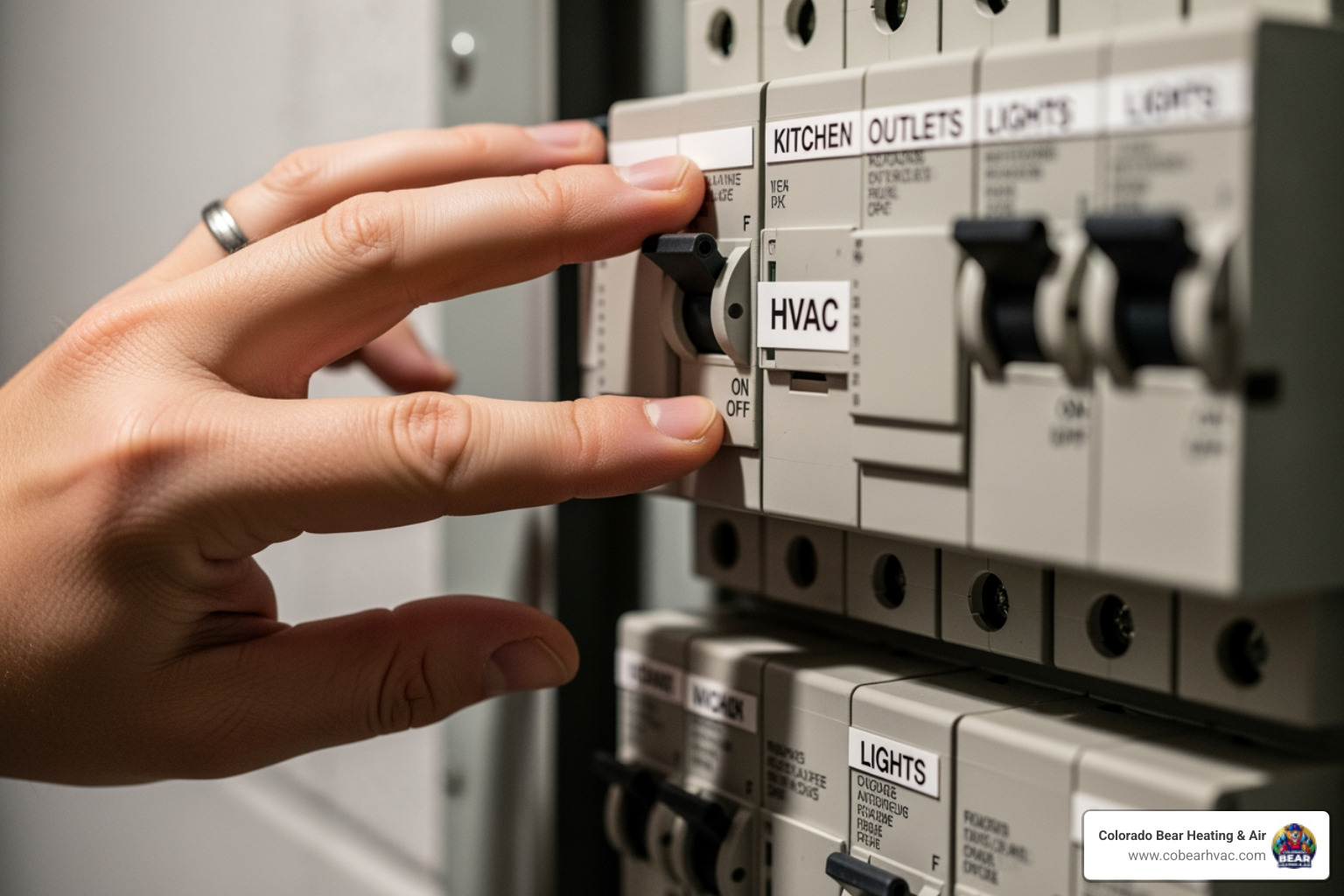homeowner safely turning off a circuit breaker labeled 'HVAC' - heat pump leaking water in castle pines, co