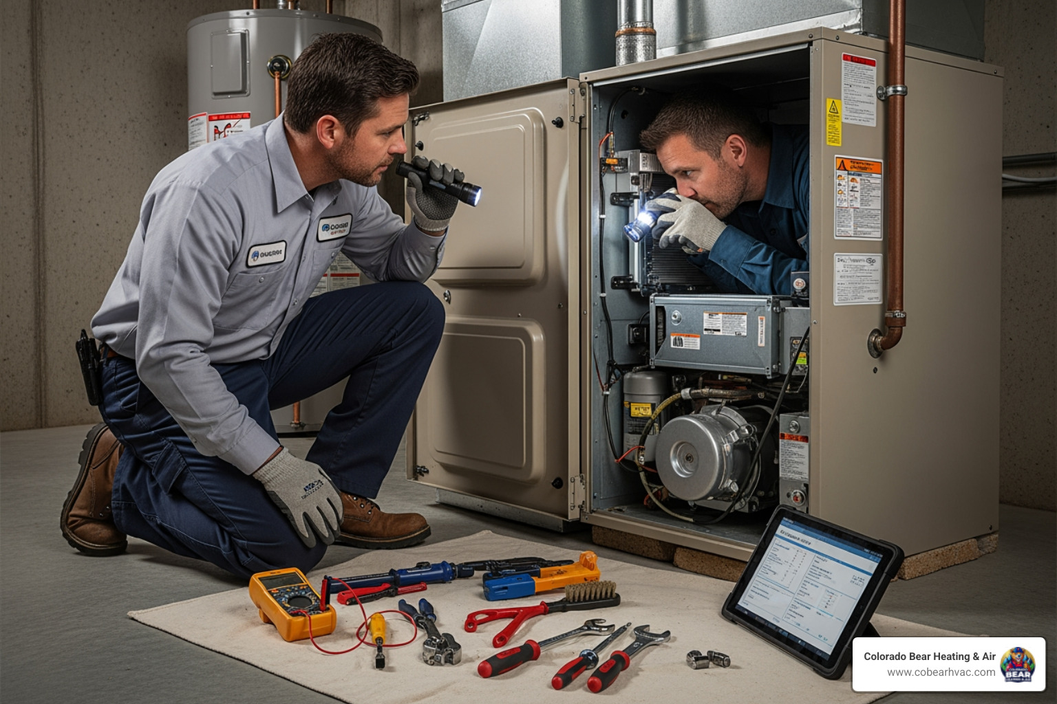 Technician performing a furnace tune-up - emergency heating repair in lone tree, co