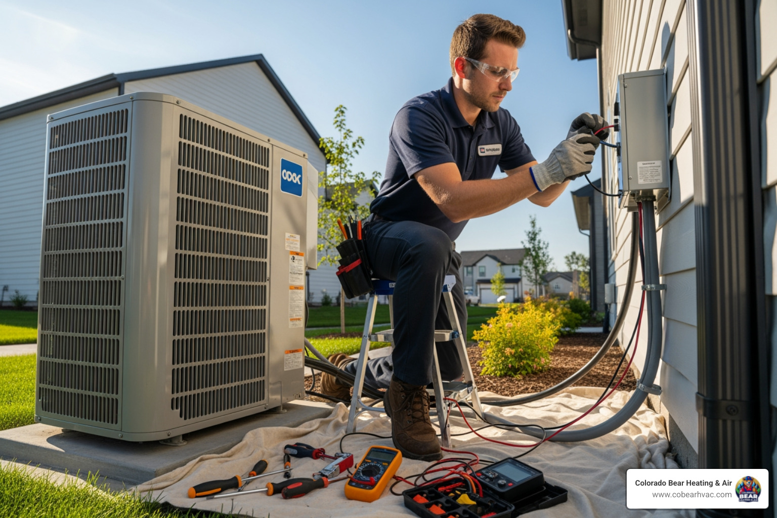 a certified technician installing an outdoor heat pump unit - heat pump installation littleton co