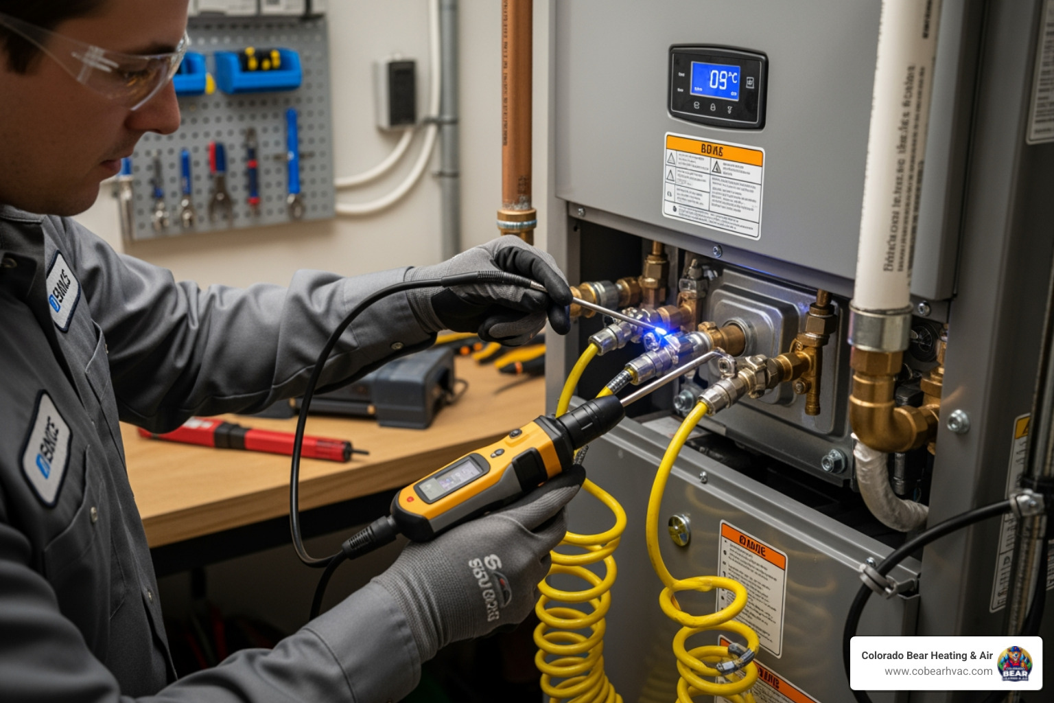 A technician carefully checking gas line connections on a new furnace with specialized tools - furnace installation castle rock co A technician carefully checking gas line connections on a new furnace with specialized tools - furnace installation castle rock co