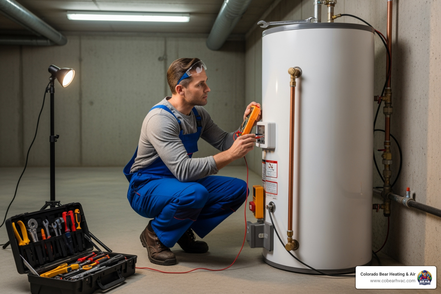 Professional technician inspecting a water heater with tools - 24/7 water heater repair highlands ranch Professional technician inspecting a water heater with tools - 24/7 water heater repair highlands ranch
