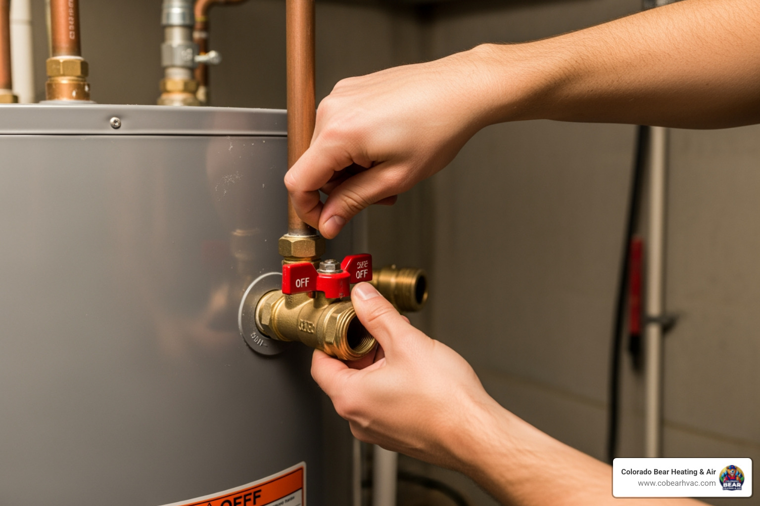 Homeowner safely shutting off the water supply valve to a water heater - 24/7 water heater repair highlands ranch Homeowner safely shutting off the water supply valve to a water heater - 24/7 water heater repair highlands ranch
