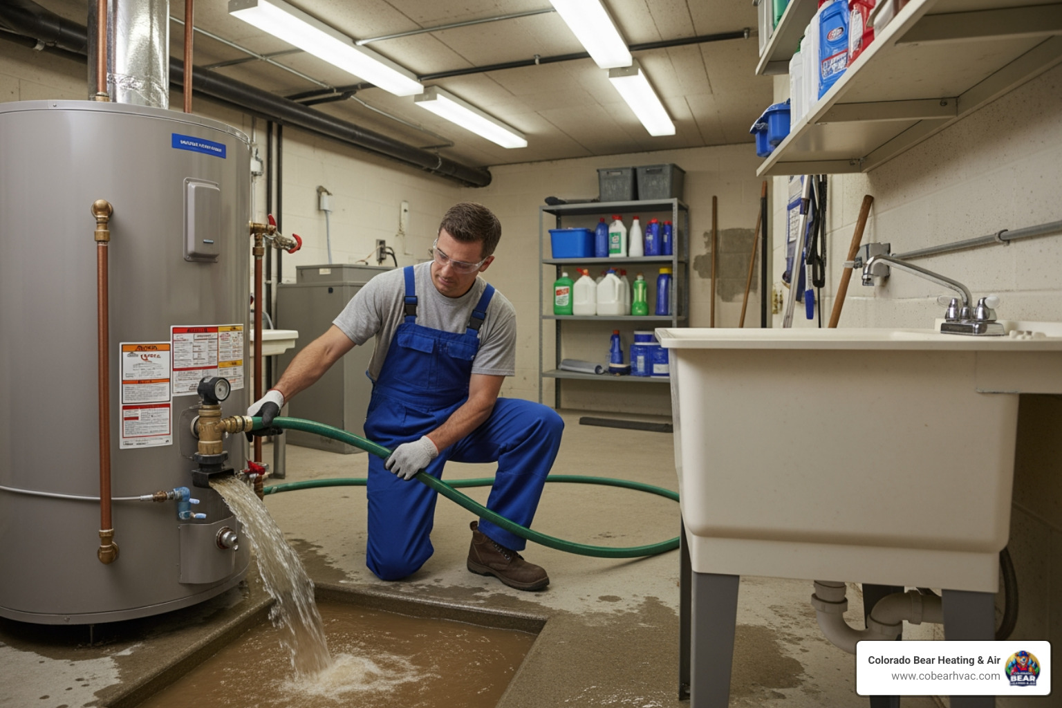 Technician flushing a tank water heater - 24/7 water heater repair highlands ranch Technician flushing a tank water heater - 24/7 water heater repair highlands ranch