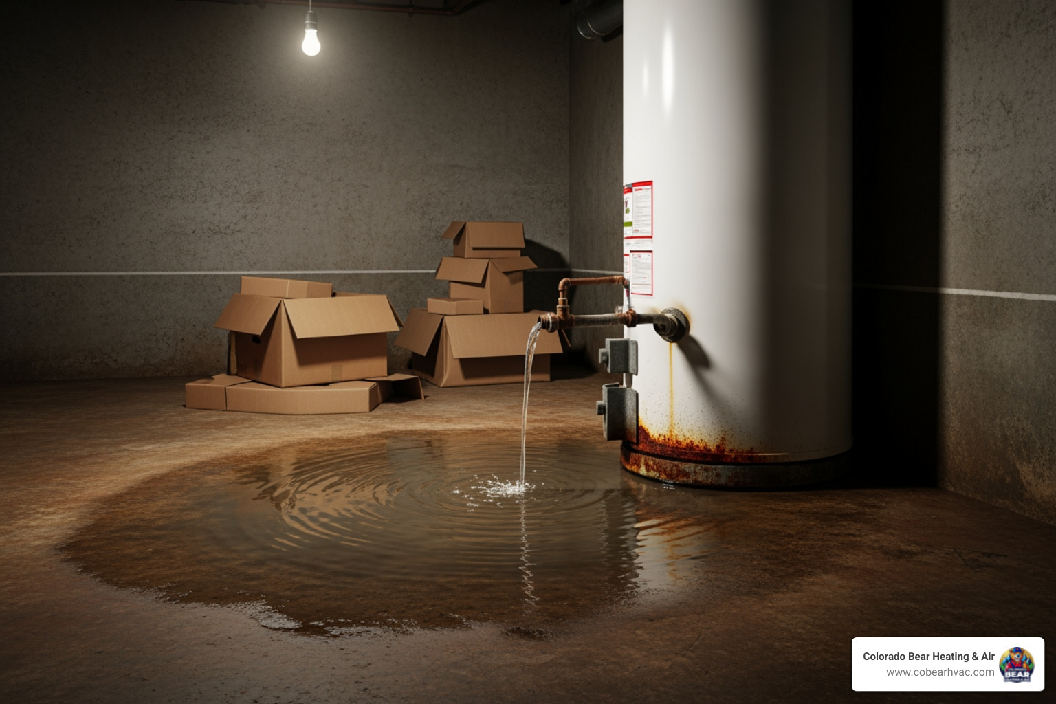 Water damage on a floor near a water heater - emergency water heater repair littleton