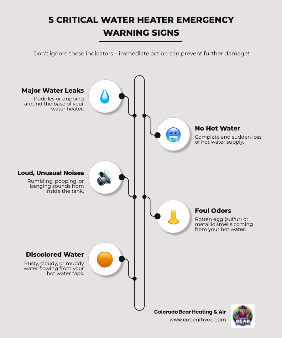 Infographic showing 5 critical water heater emergency warning signs: major water leaks pooling at base, complete loss of hot water, loud rumbling or popping noises from tank, strong rotten egg or metallic smell from water, and rusty or discolored water from taps - emergency water heater repair littleton infographic infographic-line-5-steps-elegant_beige