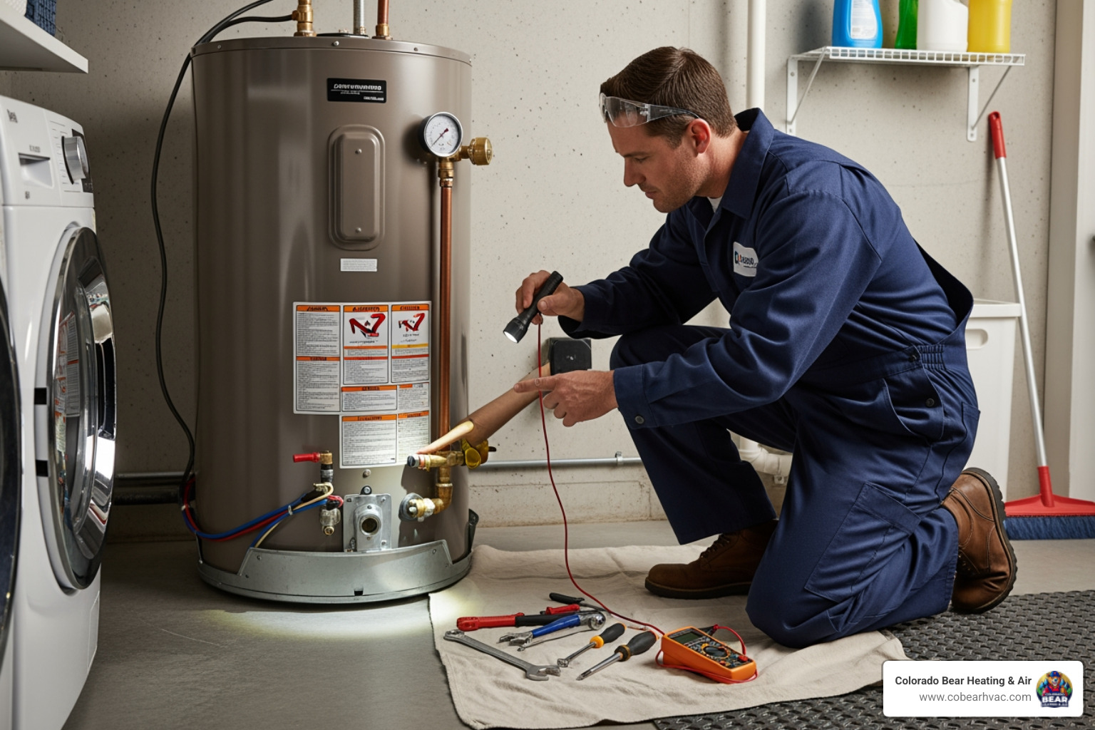 A technician inspecting a water heater - emergency water heater repair littleton