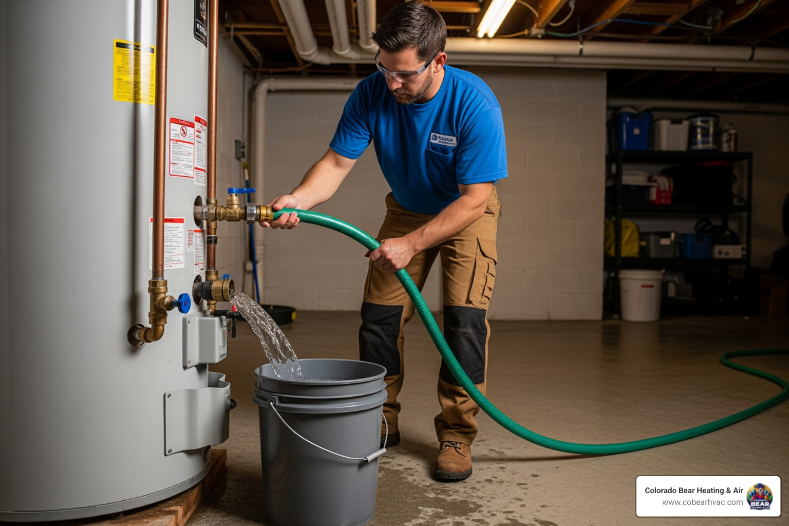 A technician flushing a water heater tank - emergency water heater repair littleton