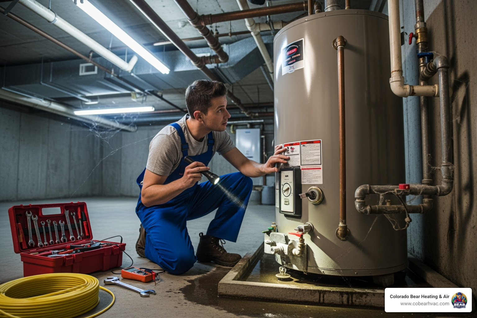 technician inspecting an older water heater - water heater repair castle rock technician inspecting an older water heater - water heater repair castle rock
