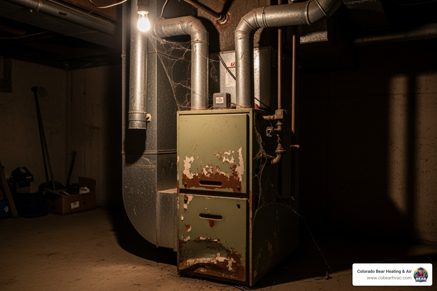 old, visibly worn-out furnace in a basement - furnace installation littleton