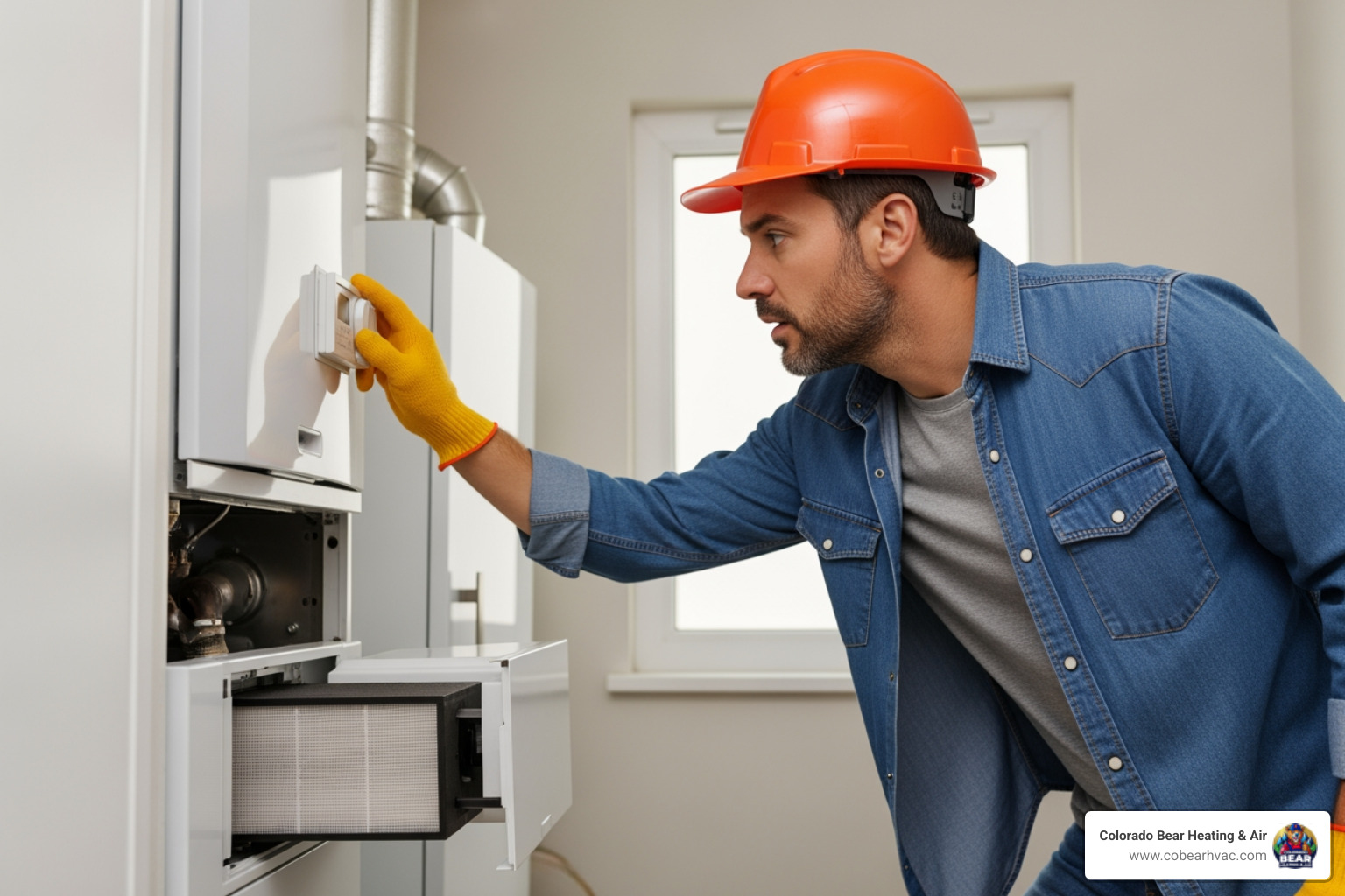 Infographic showing three quick checks before calling for emergency repair: First, verify thermostat is set to HEAT mode and temperature is above room temperature. Second, check circuit breaker panel to ensure furnace breaker has not tripped. Third, inspect air filter and replace if visibly dirty or clogged. If all three check out and heater still blows cold air, call for emergency service immediately. - "My heater is blowing cold air in Aurora, CO. Who can I call for an emergency repair?"