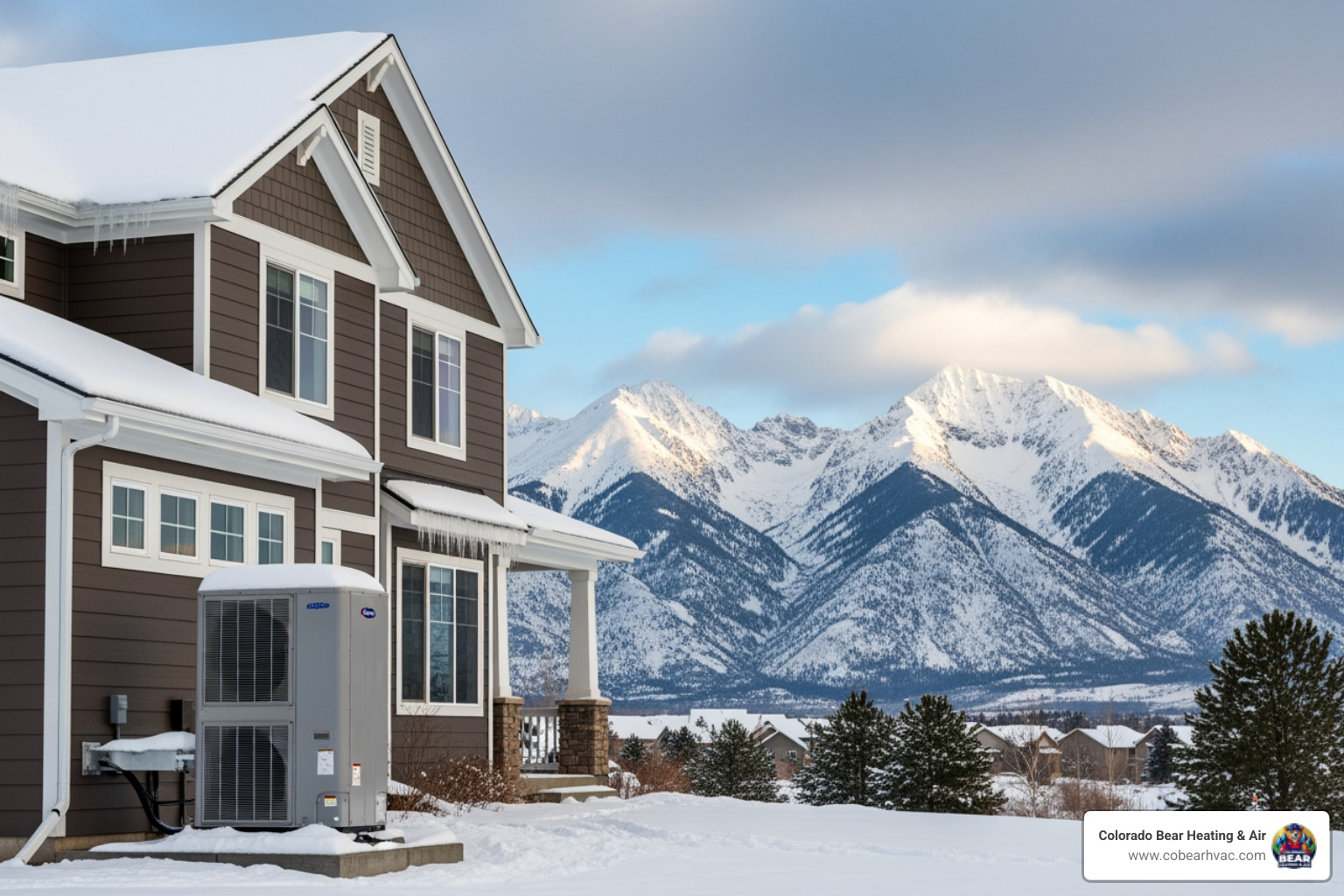 A heat pump unit outside a home with a snowy Colorado backdrop - heat pump repair centennial co