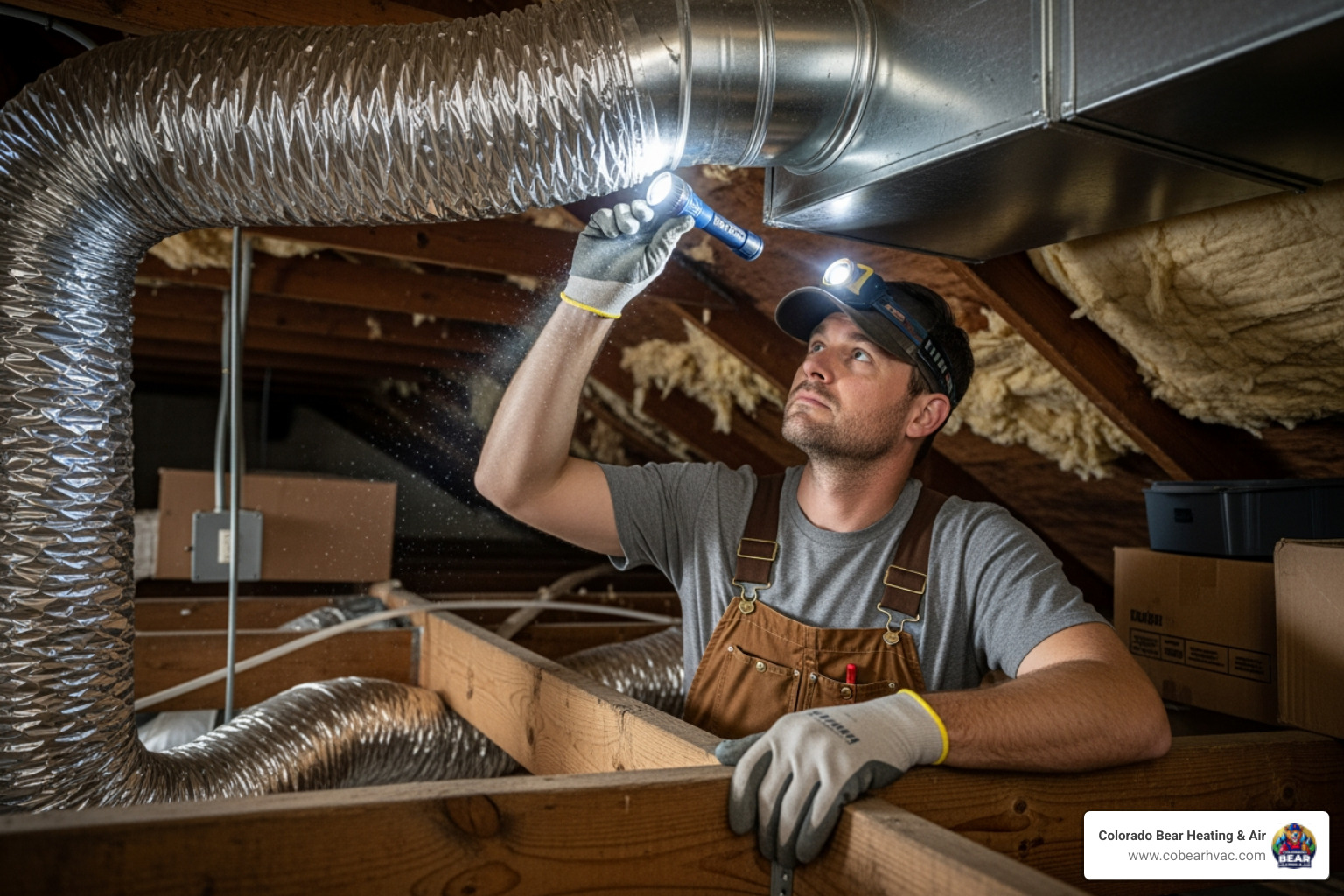 HVAC technician inspecting ductwork in an attic - uneven cooling repair littleton