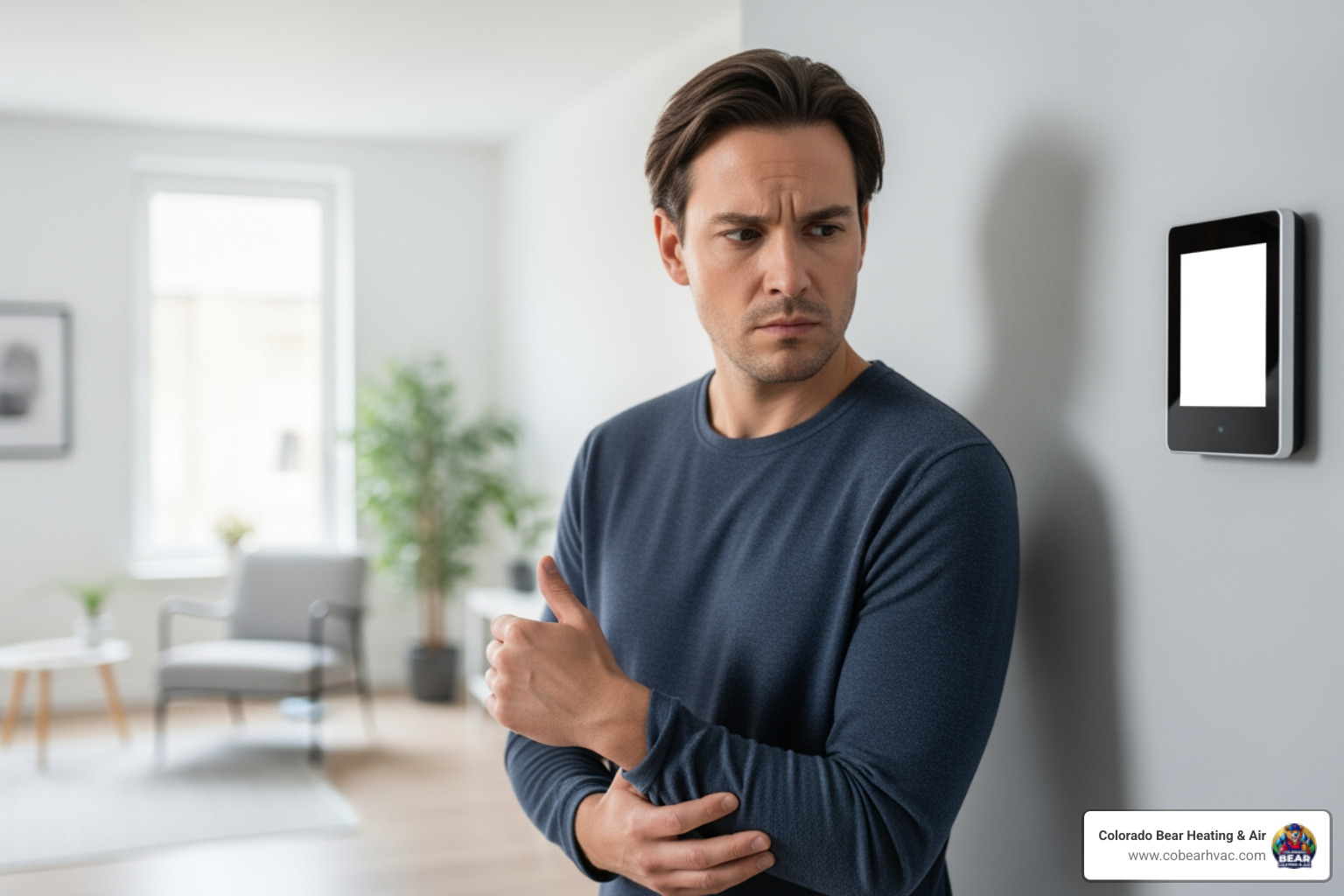 person looking frustrated at a blank thermostat screen - thermostat not working littleton co person looking frustrated at a blank thermostat screen - thermostat not working littleton co