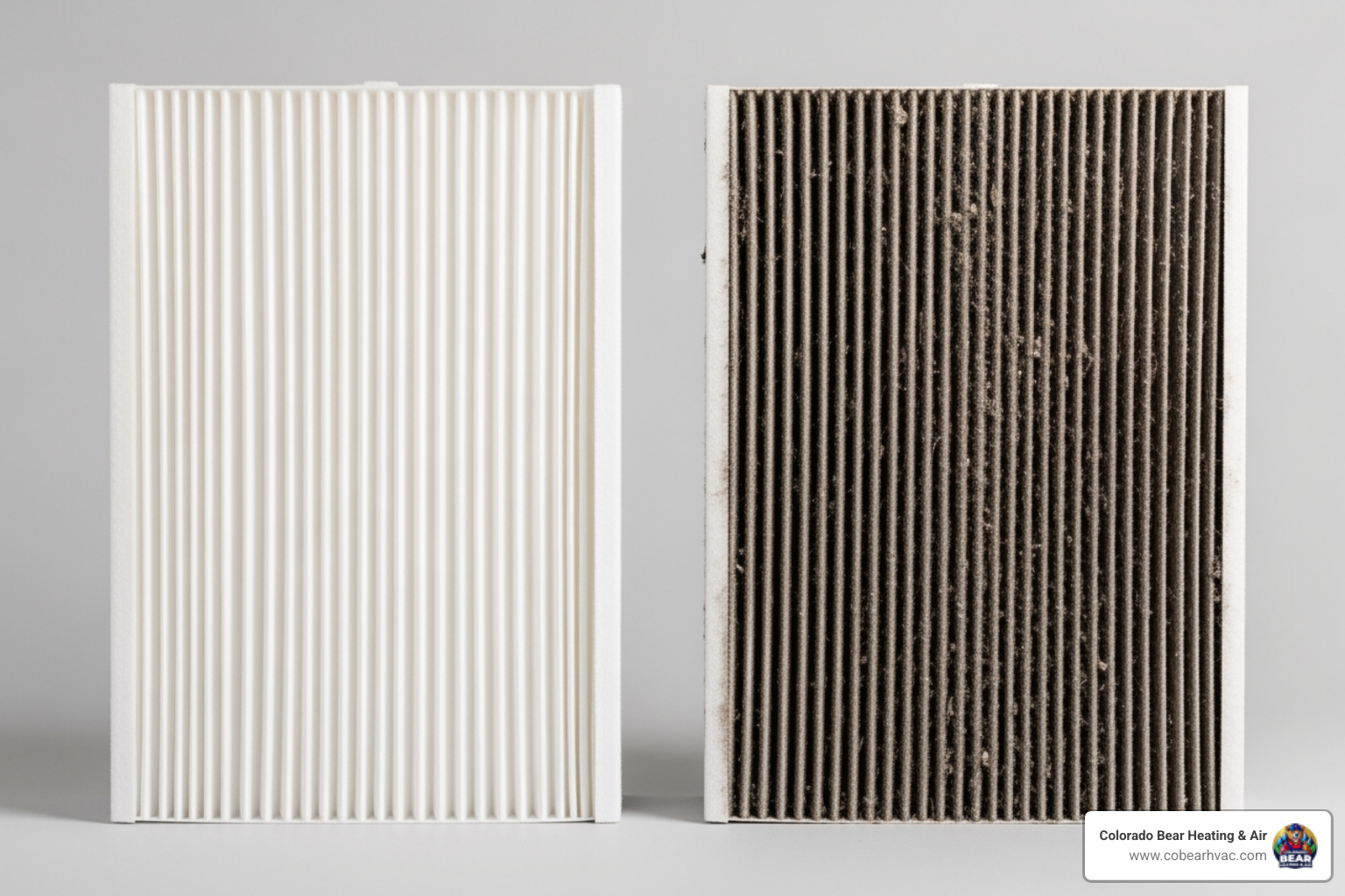 Clean furnace filter next to a dirty one - furnace repair littleton co Clean furnace filter next to a dirty one - furnace repair littleton co