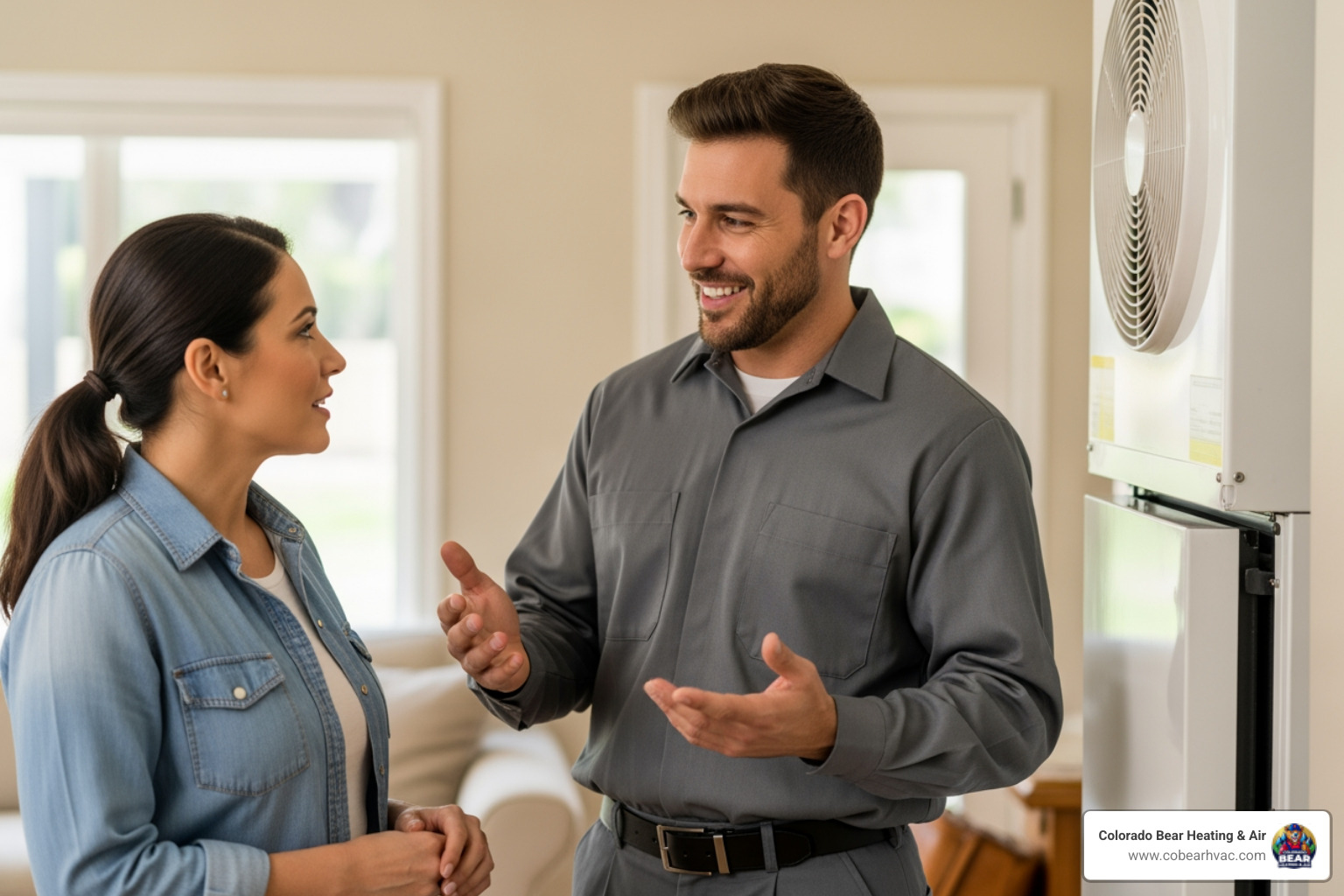 a friendly, professional technician speaking with a homeowner - heat pump broken in littleton, co a friendly, professional technician speaking with a homeowner - heat pump broken in littleton, co