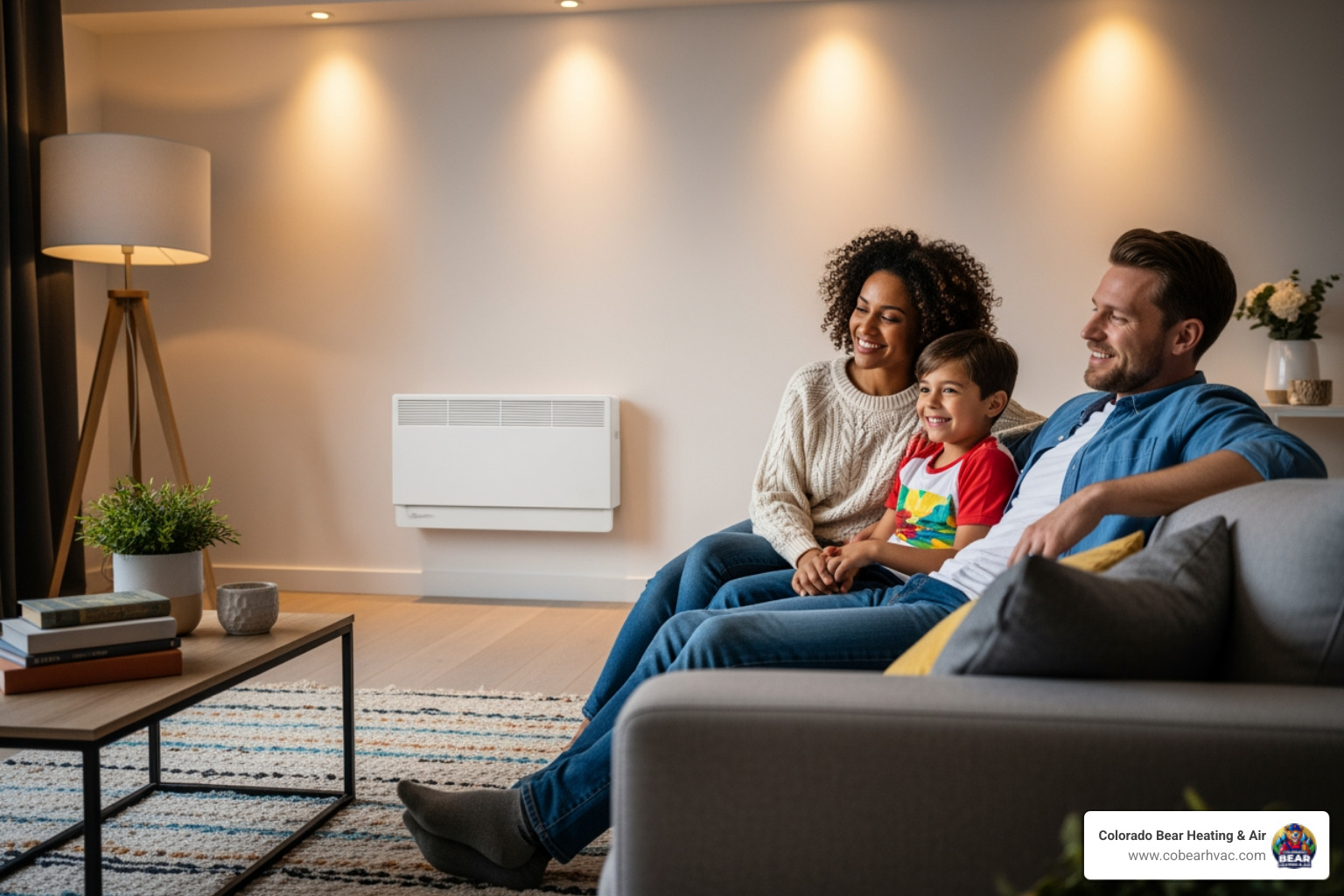 A happy family enjoying comfortable temperatures in their living room, with a subtly visible heat pump indoor unit in the background - heat pump broken in littleton, co A happy family enjoying comfortable temperatures in their living room, with a subtly visible heat pump indoor unit in the background - heat pump broken in littleton, co