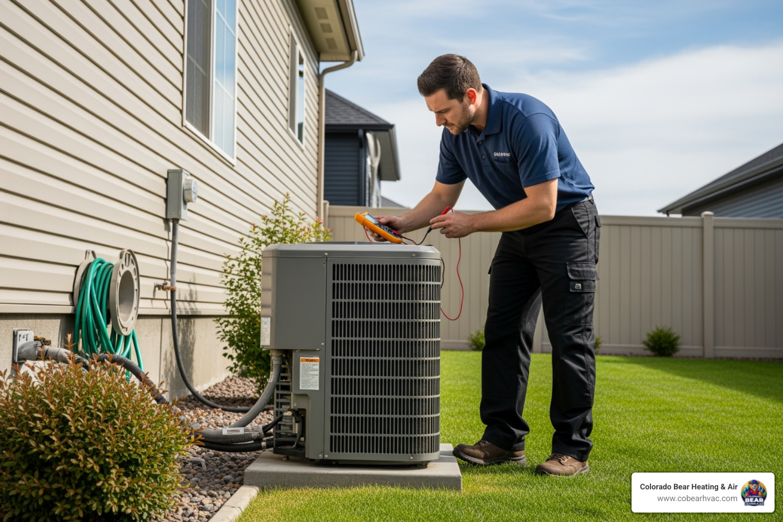 a technician inspecting a heat pump's outdoor unit - heat pump broken in littleton, co a technician inspecting a heat pump's outdoor unit - heat pump broken in littleton, co