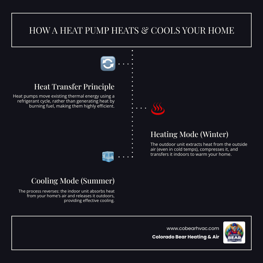 Infographic showing how a heat pump works: outdoor unit extracts heat from outside air using refrigerant cycle, transfers it indoors through compressor and coils for heating mode; process reverses for cooling mode, moving heat from inside to outside; includes icons for winter heating and summer cooling, energy efficiency ratings, and comparison to traditional HVAC systems - heat pump installation in highlands ranch, co infographic infographic-line-3-steps-dark Infographic showing how a heat pump works: outdoor unit extracts heat from outside air using refrigerant cycle, transfers it indoors through compressor and coils for heating mode; process reverses for cooling mode, moving heat from inside to outside; includes icons for winter heating and summer cooling, energy efficiency ratings, and comparison to traditional HVAC systems - heat pump installation in highlands ranch, co infographic infographic-line-3-steps-dark
