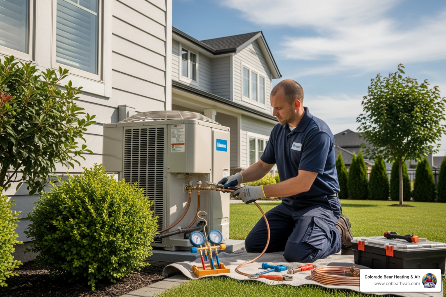 A technician professionally installing an outdoor heat pump unit - heat pump installation in highlands ranch, co A technician professionally installing an outdoor heat pump unit - heat pump installation in highlands ranch, co