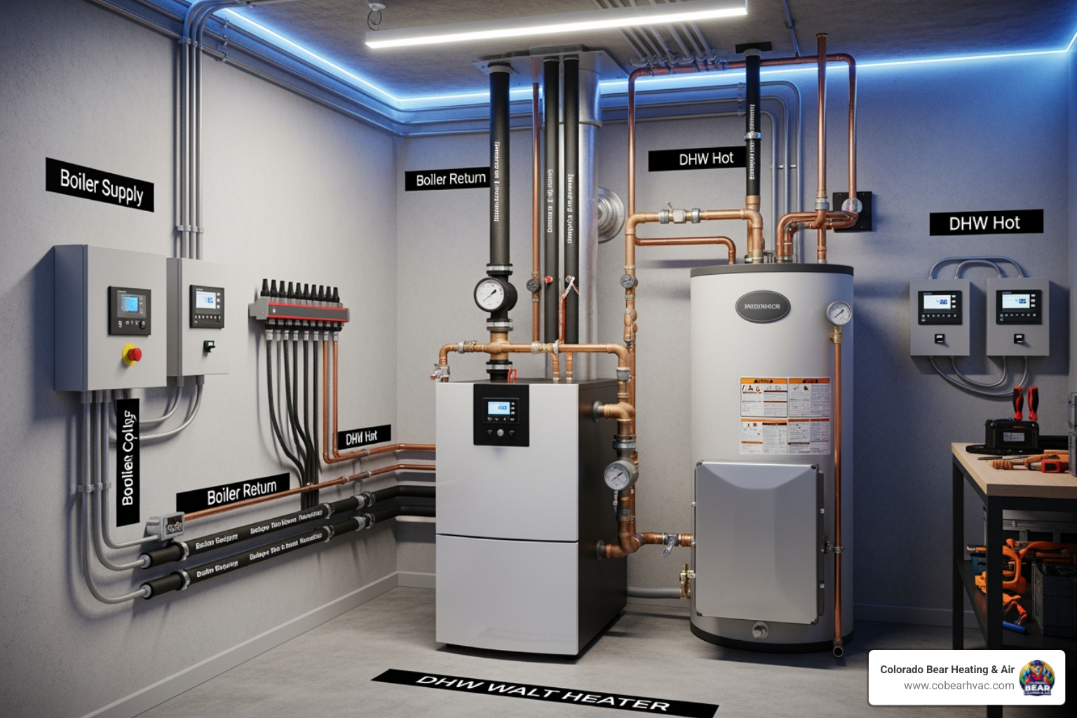 A clean, organized mechanical room showcasing a modern high-efficiency boiler and an indirect water heater setup, with clearly labeled pipes and controls. - water heater for luxury homes in greenwood village, co A clean, organized mechanical room showcasing a modern high-efficiency boiler and an indirect water heater setup, with clearly labeled pipes and controls. - water heater for luxury homes in greenwood village, co