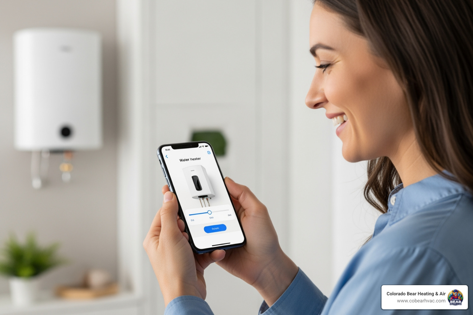 A homeowner happily adjusting their water heater temperature from a sleek smartphone app, showcasing the convenience of smart home integration. - water heater for luxury homes in greenwood village, co A homeowner happily adjusting their water heater temperature from a sleek smartphone app, showcasing the convenience of smart home integration. - water heater for luxury homes in greenwood village, co