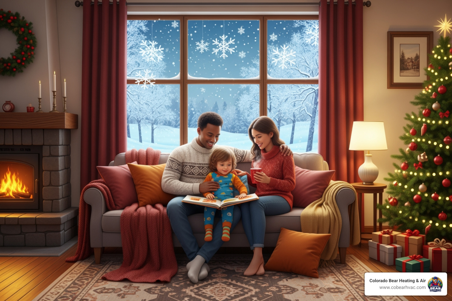 family comfortably enjoying their living room in winter with snow outside - heat pump installation highlands ranch
