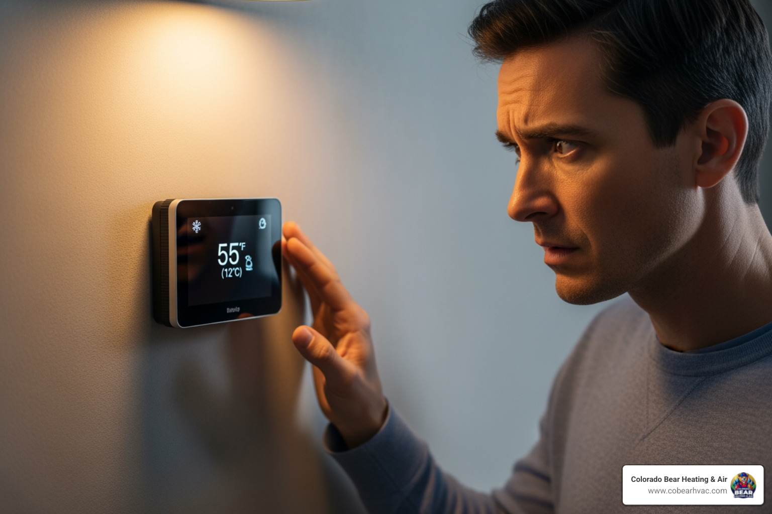 homeowner looking concerned at a thermostat - heating ventilation and air conditioning services