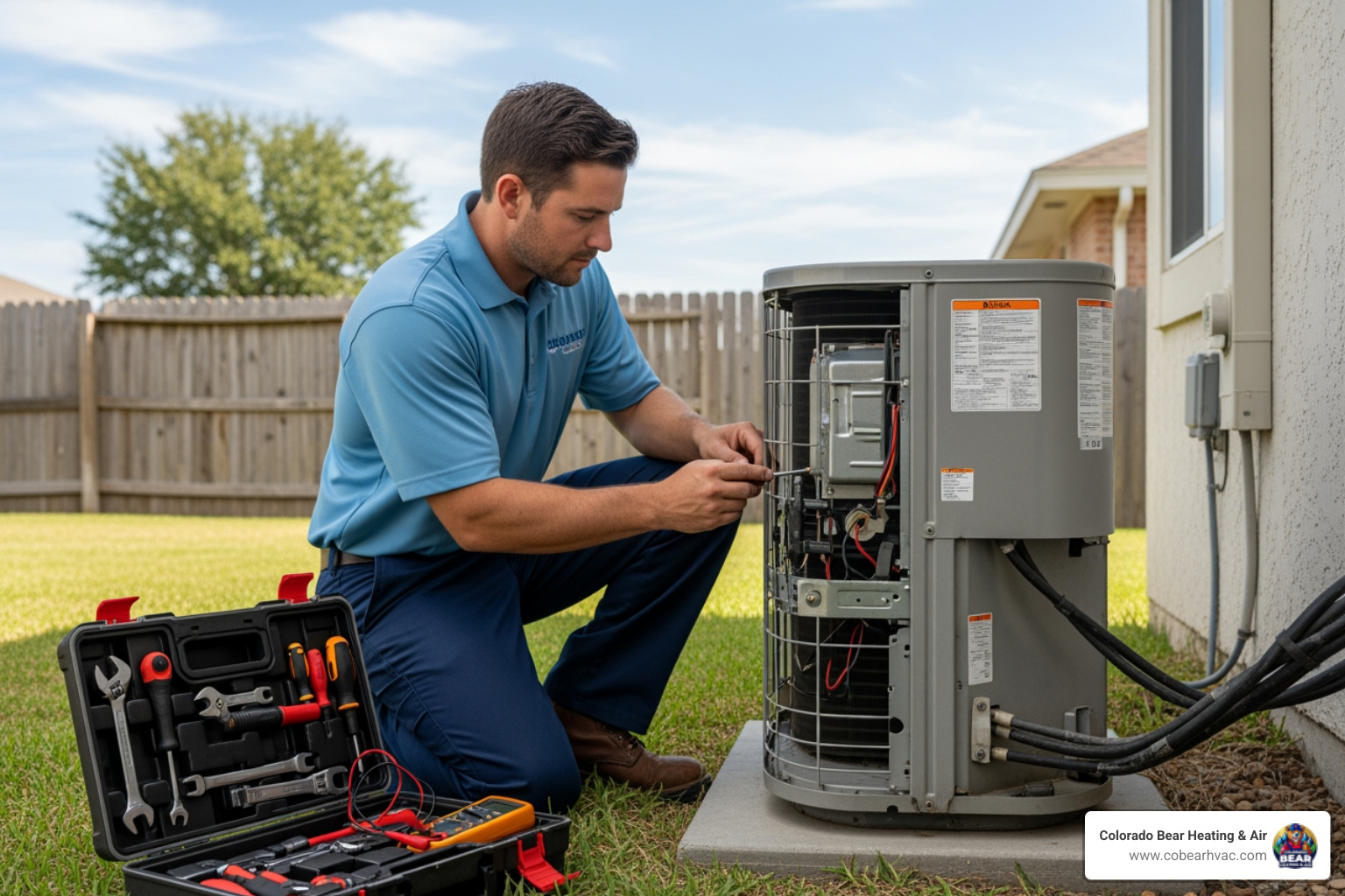 technician servicing an outdoor AC unit - heating ventilation and air conditioning services