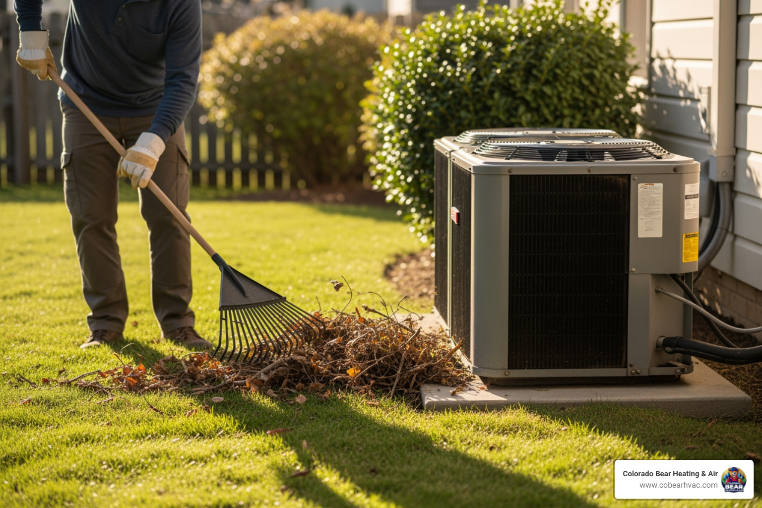 A homeowner clearing debris from around an outdoor HVAC unit - 24/7 heat pump repair highlands ranch A homeowner clearing debris from around an outdoor HVAC unit - 24/7 heat pump repair highlands ranch