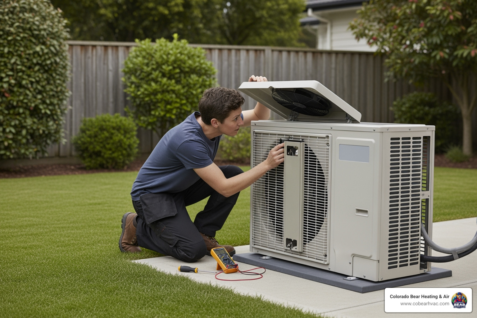 Infographic showing emergency heat pump repair steps: 1. Check thermostat settings and mode, 2. Inspect circuit breaker for trips, 3. Clear outdoor unit of debris and ice, 4. Listen for unusual sounds like grinding or hissing, 5. Call 24/7 emergency service if issues persist, with icons for each step and emergency phone symbol - 24/7 heat pump repair highlands ranch Infographic showing emergency heat pump repair steps: 1. Check thermostat settings and mode, 2. Inspect circuit breaker for trips, 3. Clear outdoor unit of debris and ice, 4. Listen for unusual sounds like grinding or hissing, 5. Call 24/7 emergency service if issues persist, with icons for each step and emergency phone symbol - 24/7 heat pump repair highlands ranch