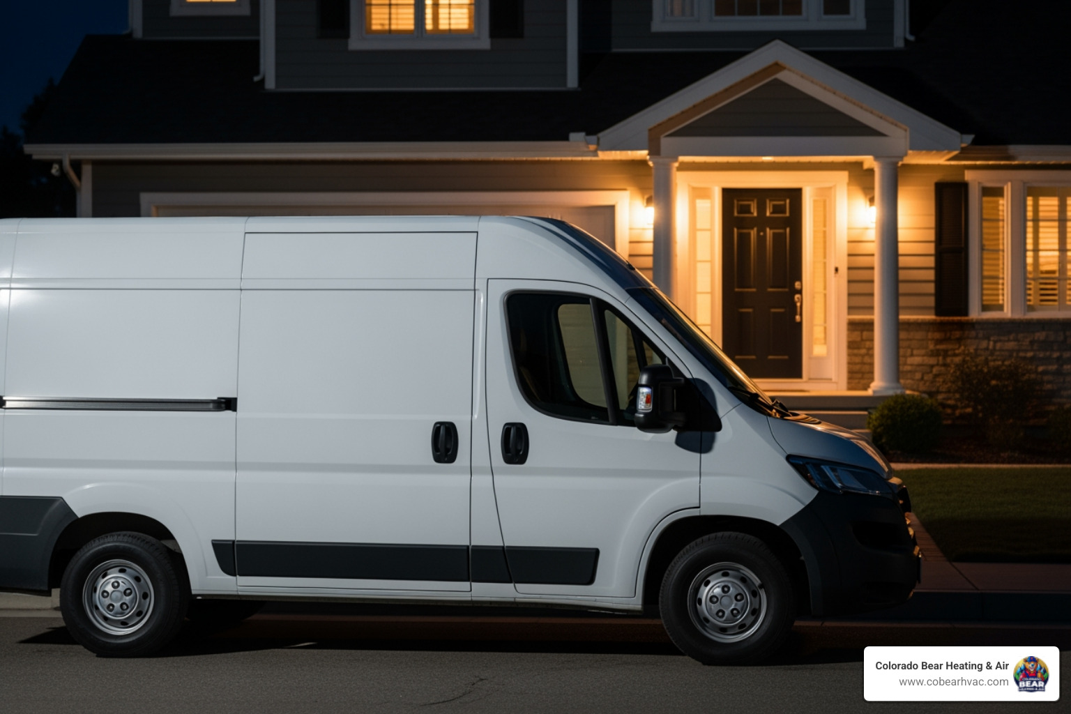 A service van arriving at a home at night - 24/7 heat pump repair highlands ranch A service van arriving at a home at night - 24/7 heat pump repair highlands ranch