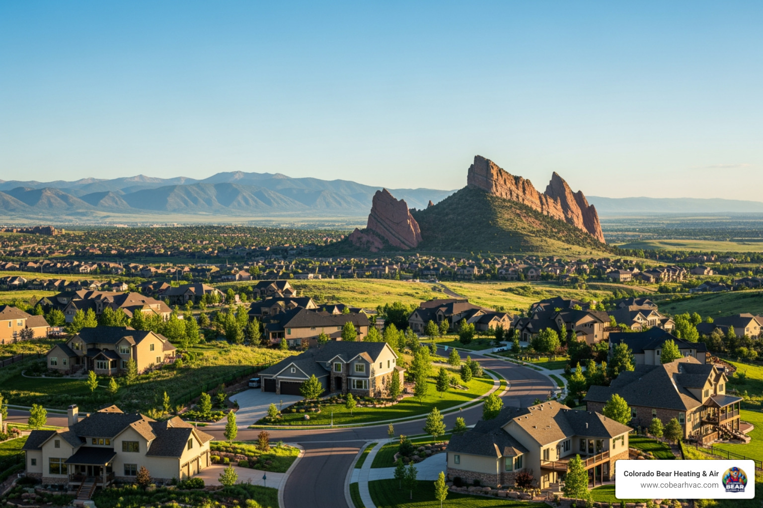 A panoramic view of the Castle Rock, CO landscape with houses in the foreground - furnace repair castle rock co
