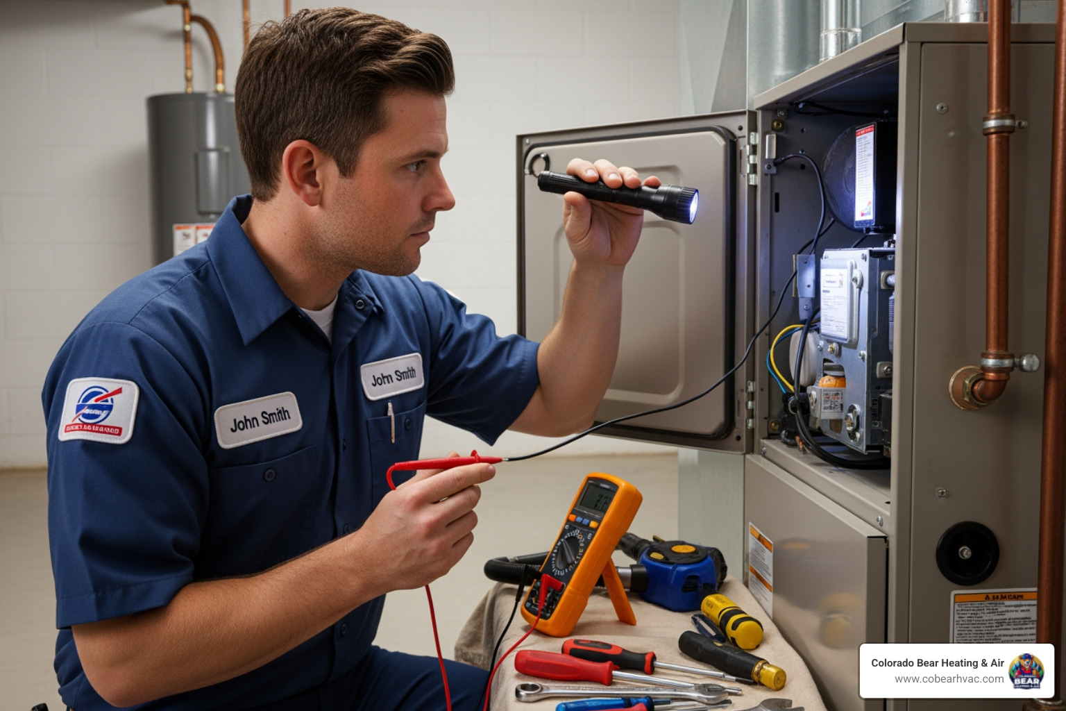 A professional HVAC technician inspecting a furnace unit with tools - furnace repair castle rock co