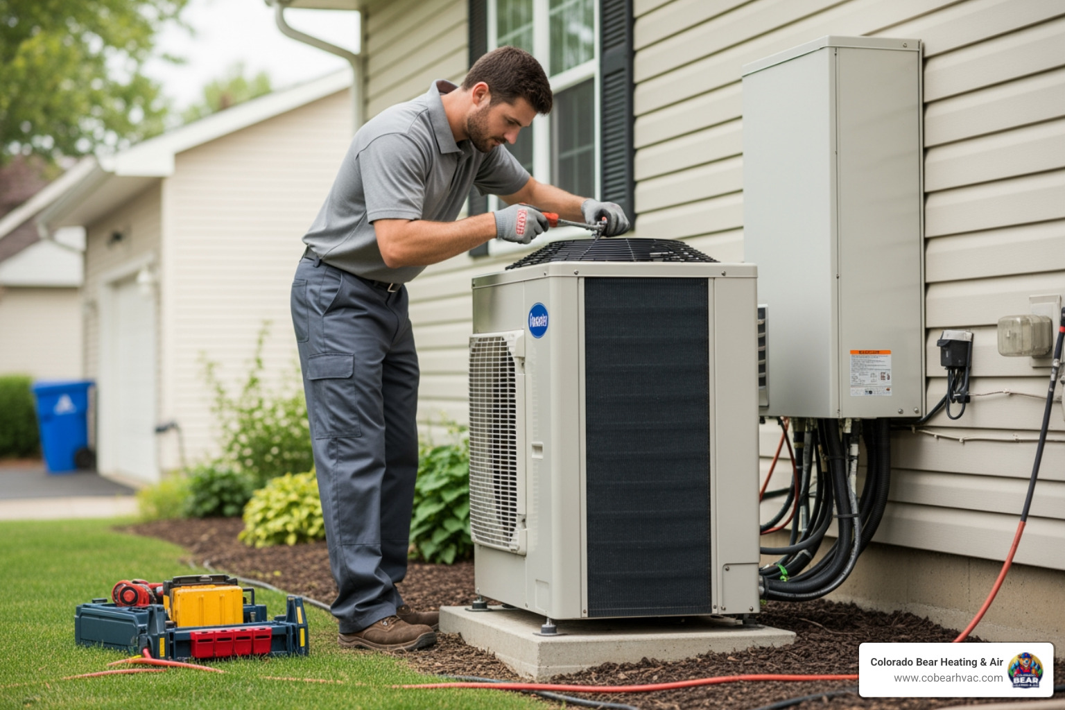 HVAC technician professionally installing an outdoor heat pump unit at a residential home - heat pump installation centennial