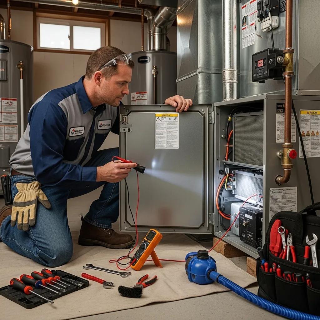 HVAC technician conducting a furnace tune-up, showcasing professional maintenance for safety and efficiency