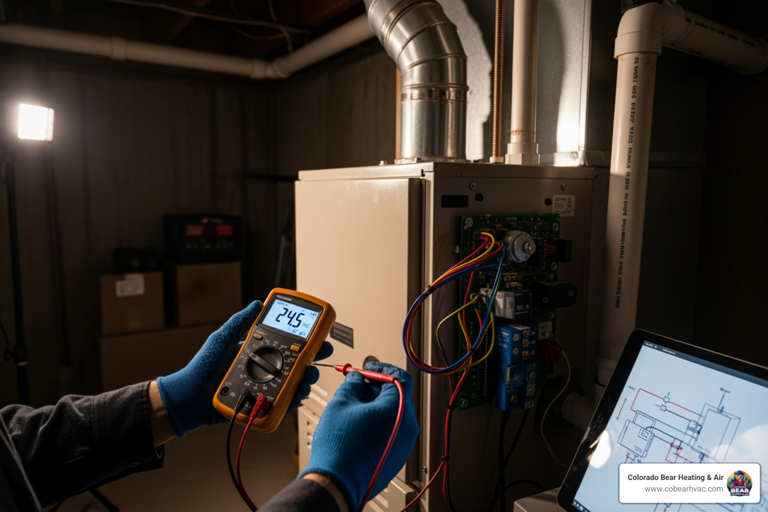 infographic showing the heating system diagnostic process from thermostat check through blower motor inspection, gas valve testing, heat exchanger examination, and final safety control verification with icons for each step - Heating system diagnostics