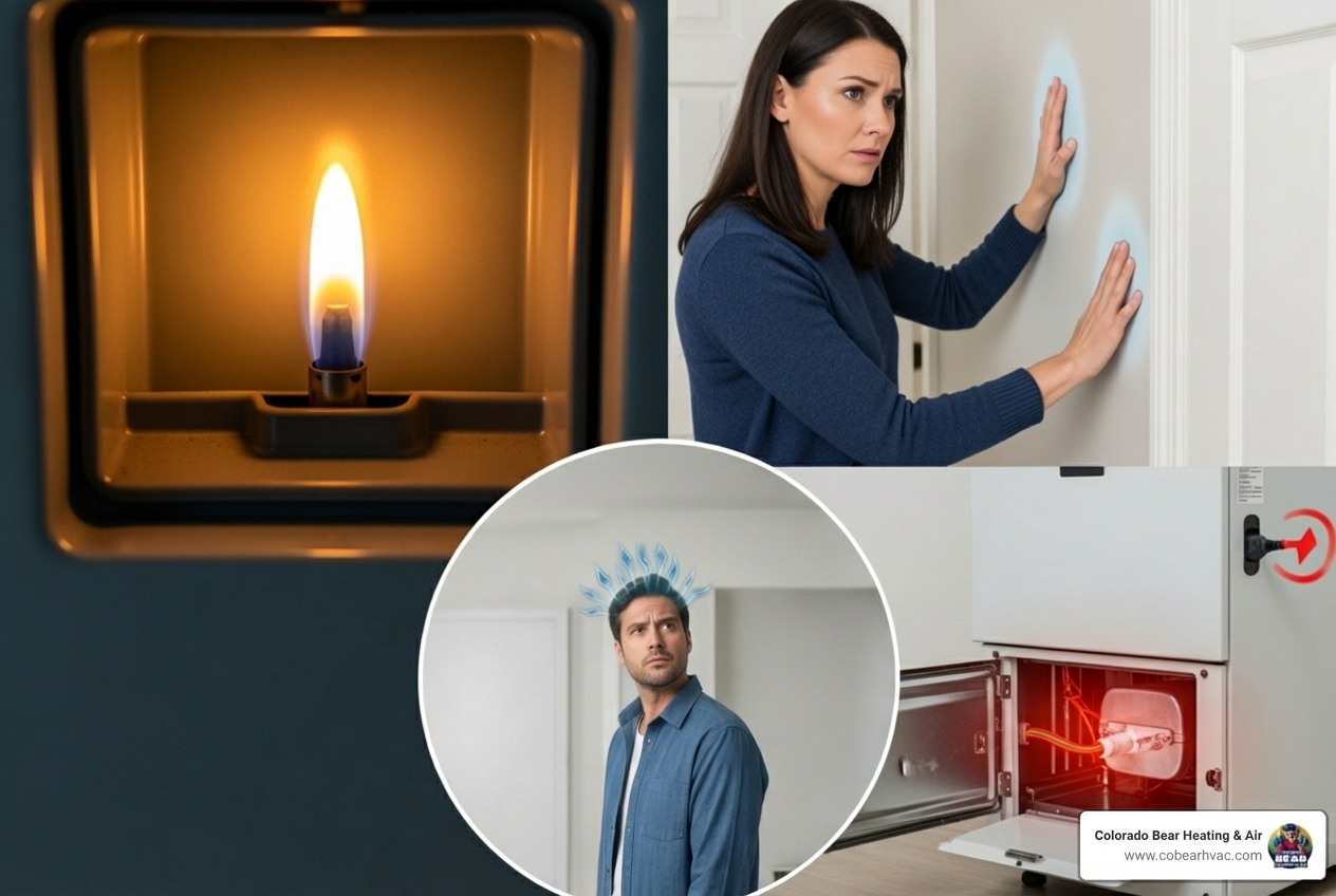 Infographic showing five warning signs your furnace needs immediate repair: yellow pilot light indicating carbon monoxide risk, strange grinding or banging noises suggesting mechanical failure, cold spots throughout the home showing uneven heating, dramatically increased energy bills pointing to inefficiency, and frequent on-off cycling indicating thermostat or sensor problems - heating repair highlands ranch co