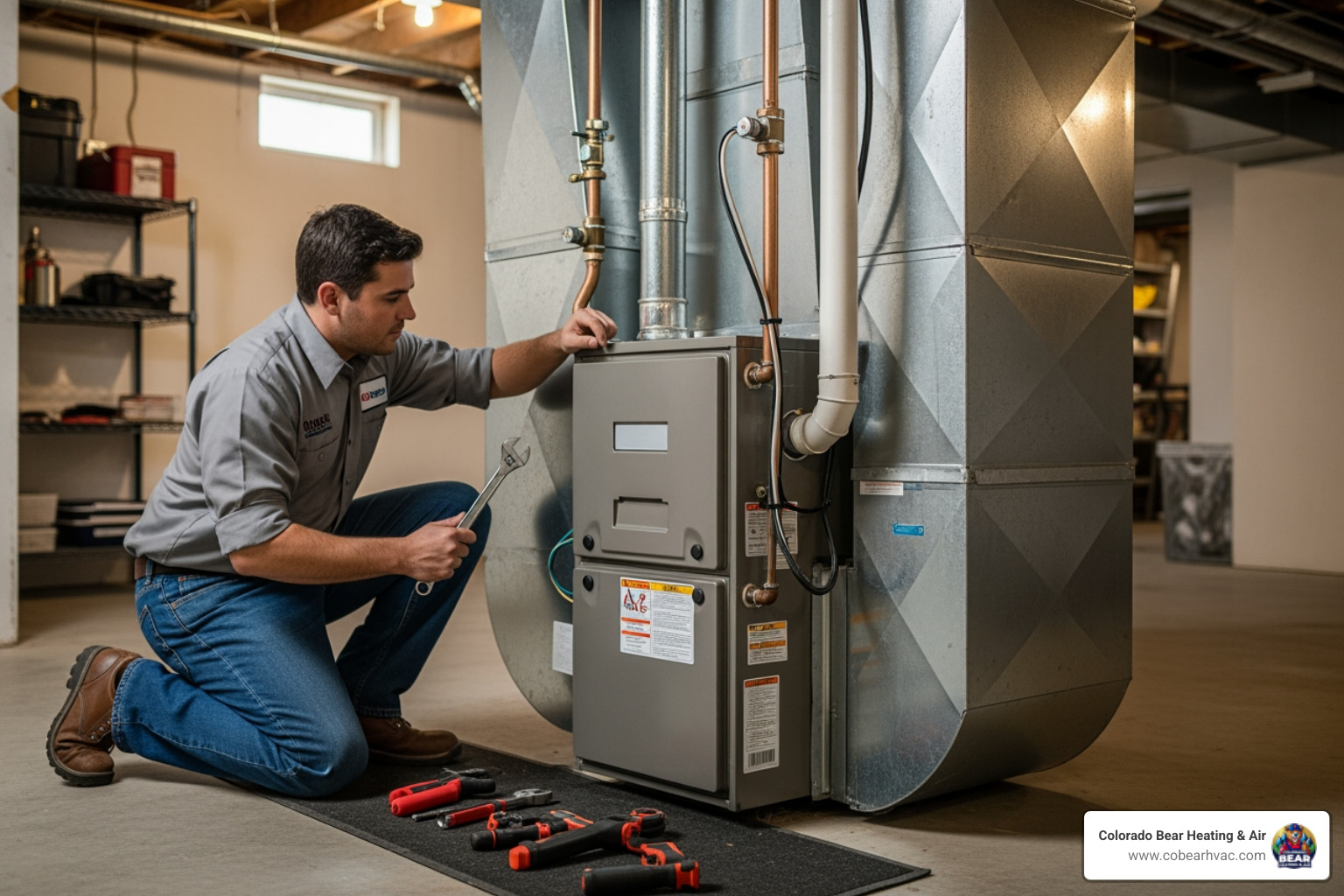 Infographic showing 5 warning signs your furnace needs repair: no heat, strange noises, yellow pilot light, unusual odors, and frequent cycling, with simple icons and brief descriptions for each - best heating repair highlands ranch co