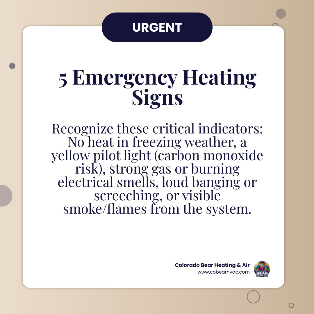 Infographic showing 5 critical signs your heater needs emergency repair: 1. Complete loss of heat with outdoor temps below freezing, 2. Yellow or flickering pilot light indicating carbon monoxide risk, 3. Strong gas or burning electrical smell, 4. Loud banging, screeching, or grinding noises from the unit, 5. Visible smoke or flames coming from the heating system. Each sign includes a red warning icon and brief safety instruction. - 24 hour heating repair highlands ranch co infographic simple-info-card Infographic showing 5 critical signs your heater needs emergency repair: 1. Complete loss of heat with outdoor temps below freezing, 2. Yellow or flickering pilot light indicating carbon monoxide risk, 3. Strong gas or burning electrical smell, 4. Loud banging, screeching, or grinding noises from the unit, 5. Visible smoke or flames coming from the heating system. Each sign includes a red warning icon and brief safety instruction. - 24 hour heating repair highlands ranch co infographic simple-info-card
