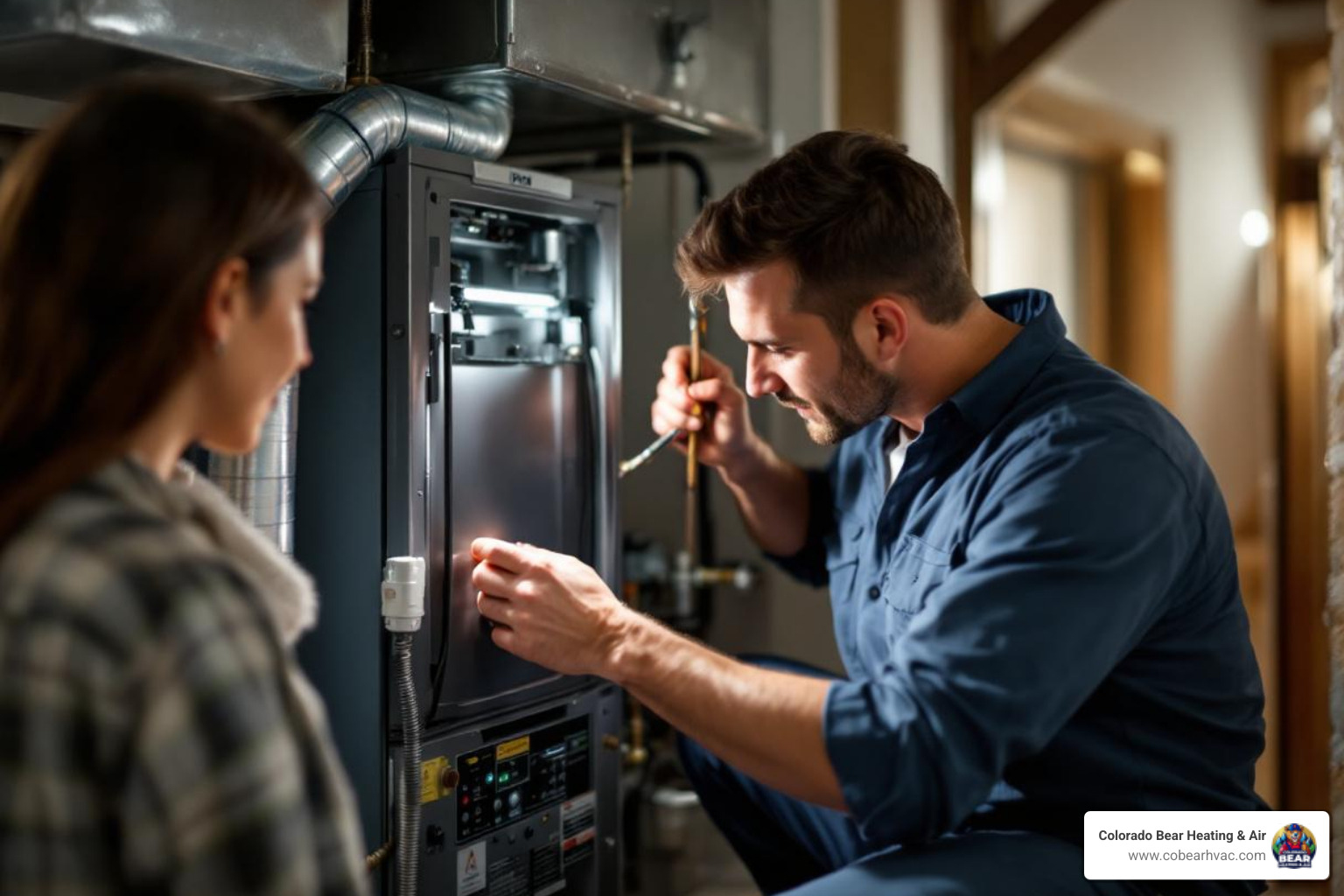 infographic showing five critical heating emergency warning signs including no heat production, gas odor, yellow pilot light flame, carbon monoxide detector alarm, and unusual burning smells with corresponding safety actions - heating services emergency in castle rock, co