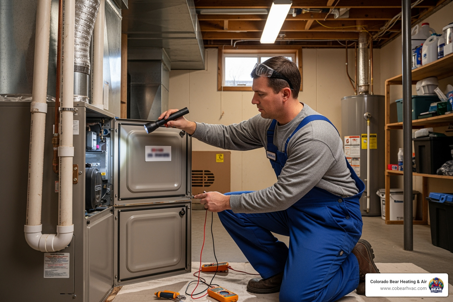 Infographic showing the top 5 warning signs your furnace needs repair: unusual noises like banging or squealing, weak or no airflow from vents, yellow pilot light instead of blue, short-cycling or frequent on-off cycles, and rising energy bills with uneven home temperatures - furnace repair denver co