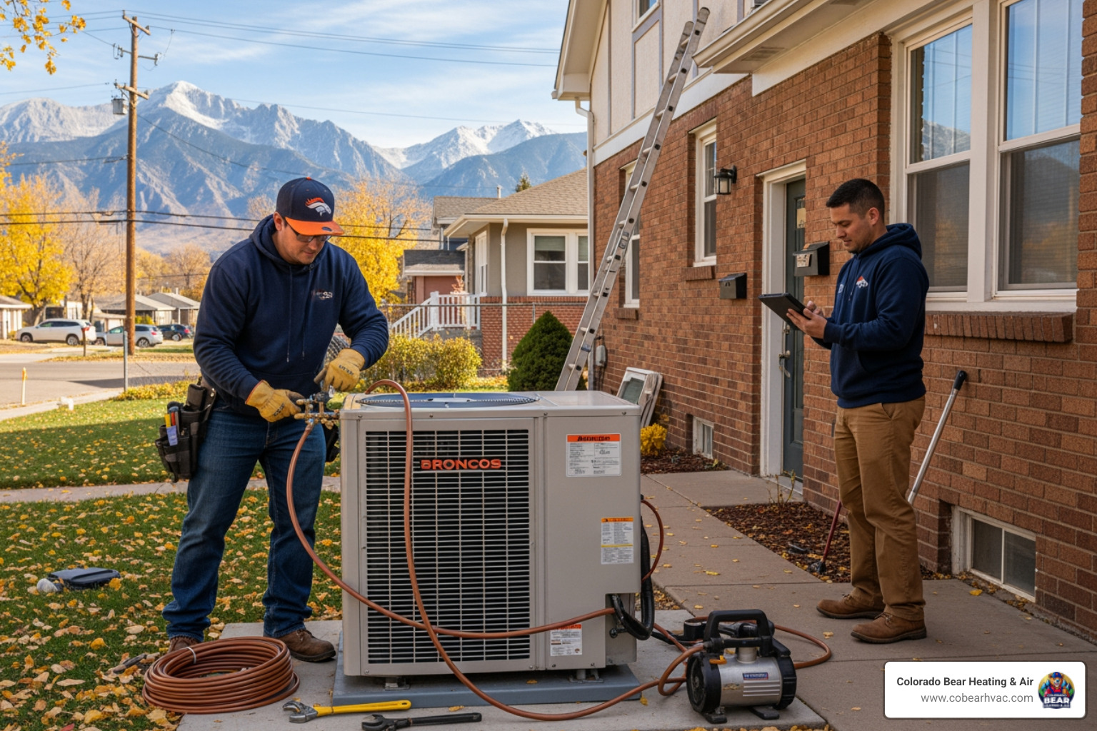 Infographic showing heat pump operation: Left side depicts heating mode with outdoor unit extracting heat from cold air and transferring it indoors through refrigerant lines to the indoor unit; right side shows cooling mode with the process reversed, removing heat from inside and releasing it outdoors; center shows the reversing valve that switches between modes - heat pump installation denver co