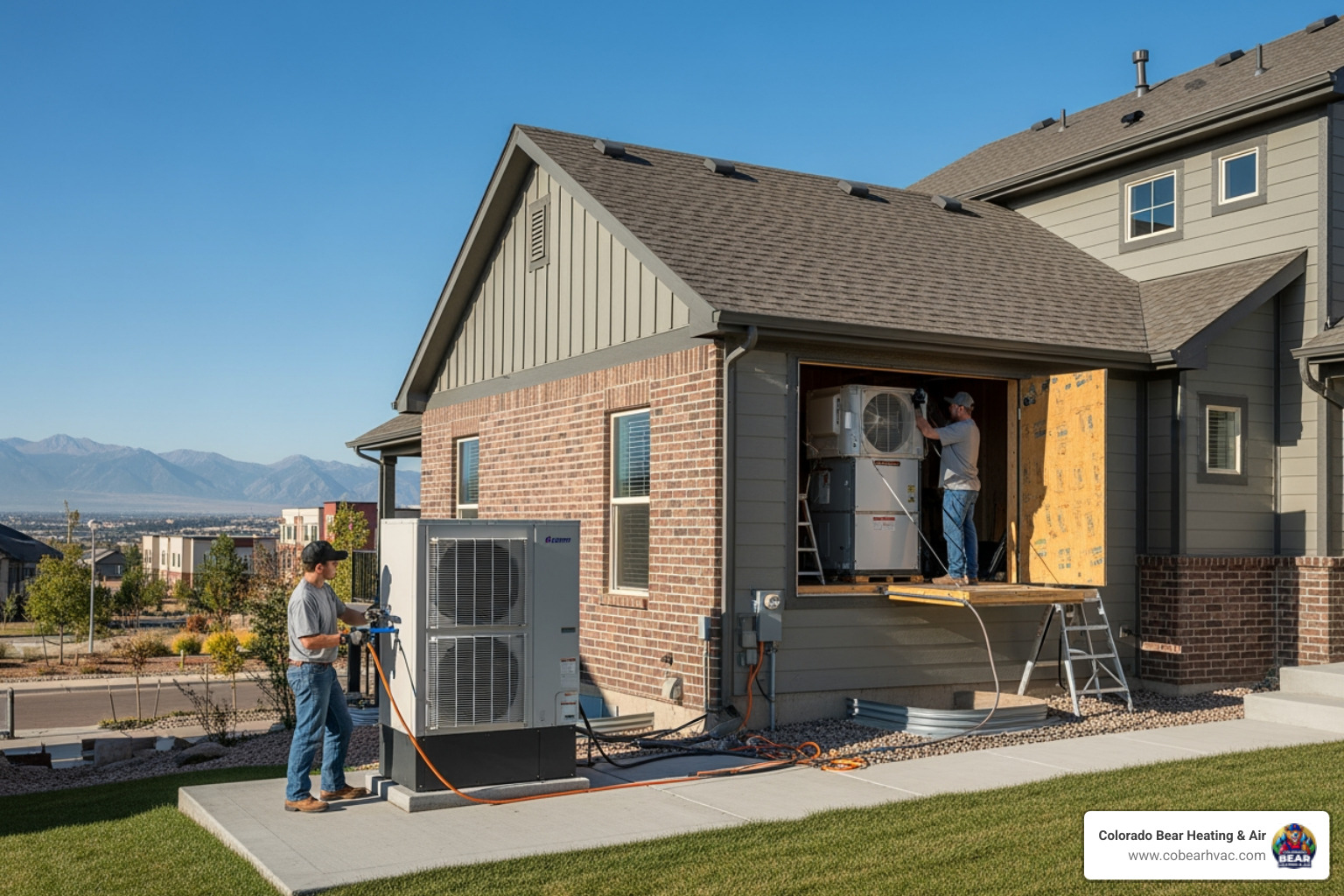 Infographic showing how a heat pump works: In summer mode, the system extracts heat from indoor air and moves it outside for cooling. In winter mode, the process reverses, extracting heat from outdoor air (even when cold) and moving it inside for heating. The same refrigerant loop and compressor handle both functions, eliminating the need for separate furnace and AC systems. - heat pump installation aurora co