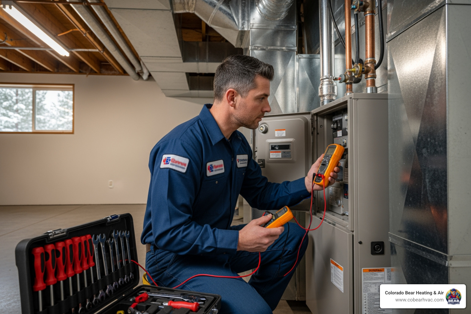 Infographic showing Monument, CO's unique heating challenges including 7,000-foot elevation, below-zero winter temperatures, temperature swings exceeding 90 degrees between seasons, thinner air reducing heating efficiency, and the need for properly sized and maintained systems to ensure consistent home warmth and safety - heating services in monument, co