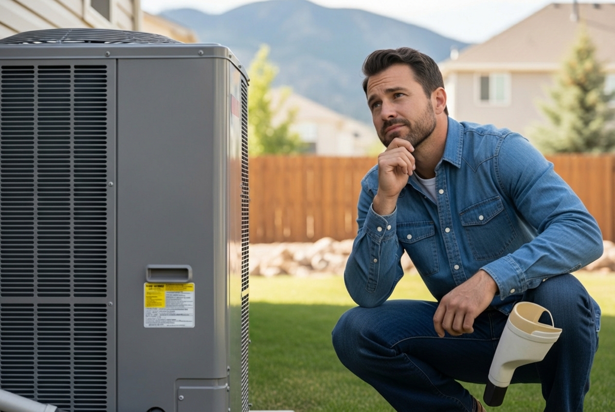 Infographic showing when to replace a heat pump: system age over 10-15 years, frequent repair calls, rising utility bills, inconsistent room temperatures, and loud or unusual noises, alongside benefits of replacement including improved efficiency ratings, better cold-climate performance, and reduced carbon footprint - heat pump replacement service in castle rock, co