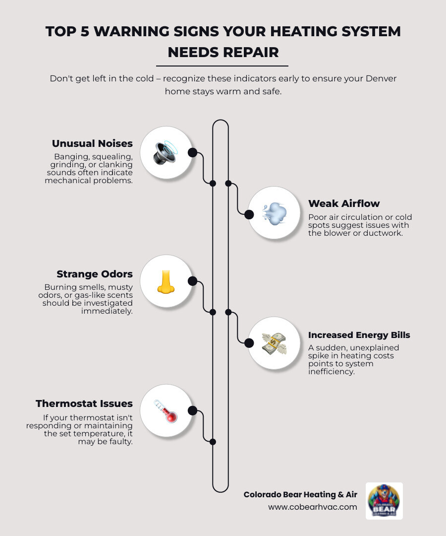 Infographic showing the top 5 warning signs your heating system needs professional repair: unusual noises like banging or squealing, weak or inconsistent airflow throughout your home, strange burning or musty odors, rapidly increasing energy bills without explanation, and your thermostat not responding or maintaining temperature - heating repair company in denver, co infographic infographic-line-5-steps-elegant_beige