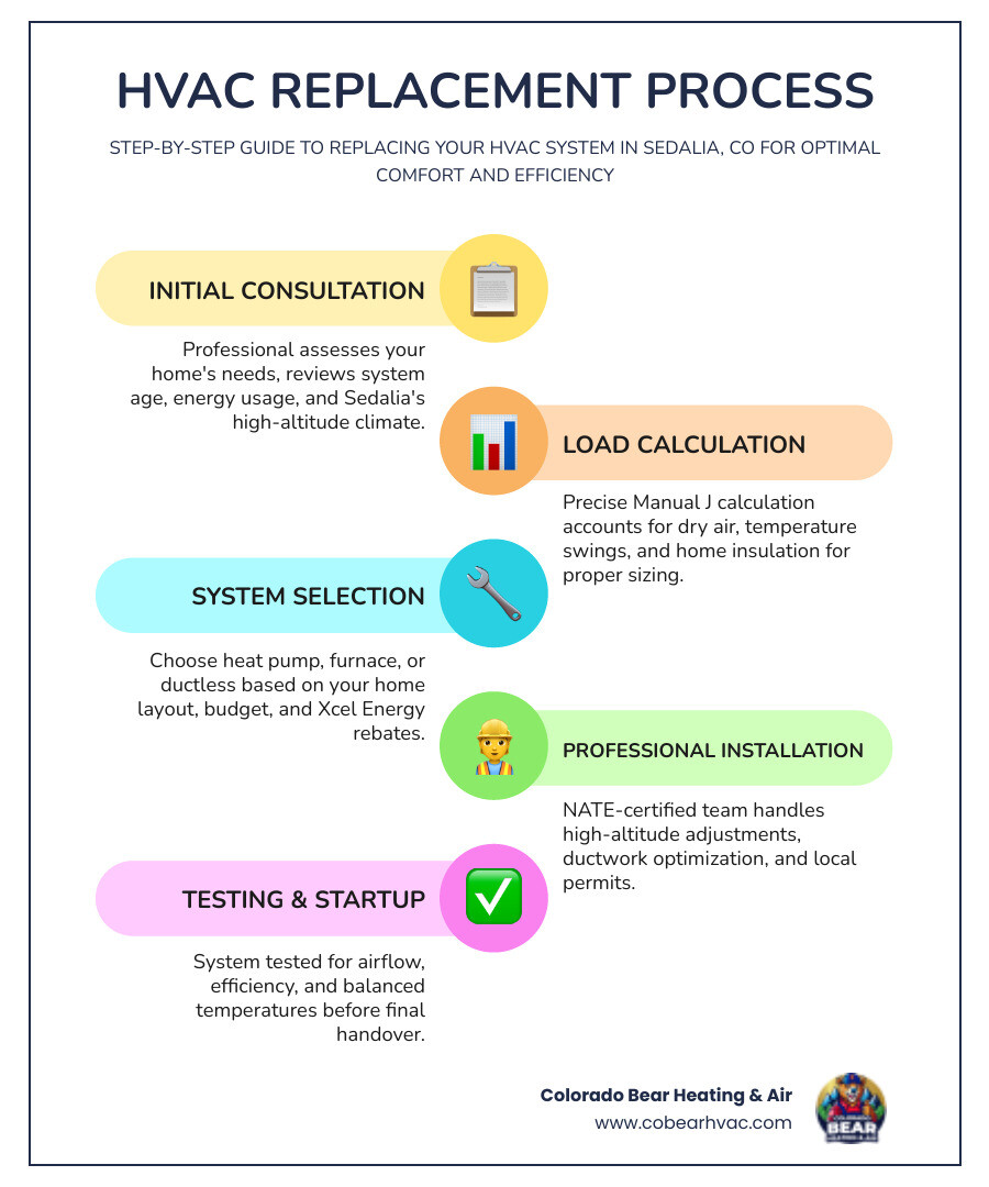 Infographic showing HVAC replacement process steps from consultation to installation in Sedalia CO - hvac replacement best