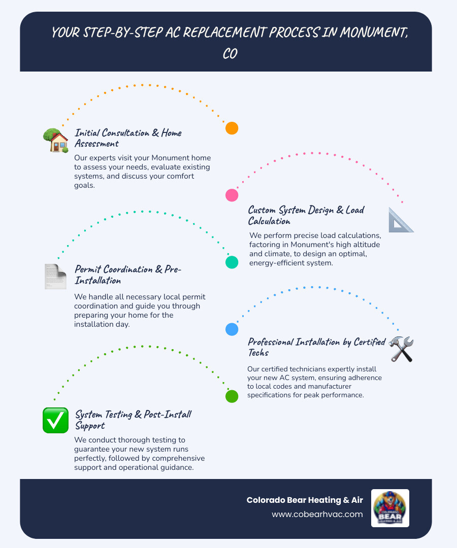 Step-by-step AC replacement process infographic for Monument CO homeowners - ac replacement company in monument, co